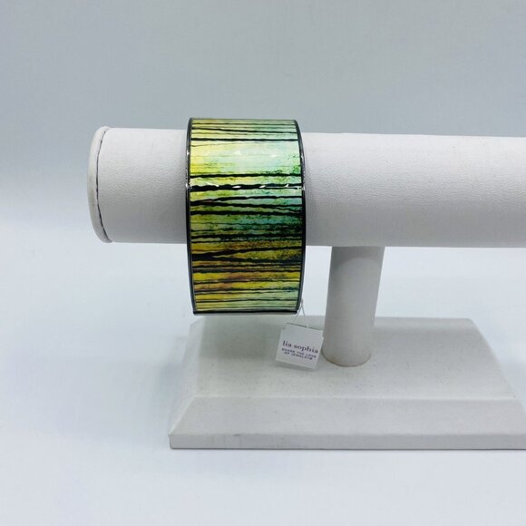 Lia Sophia Sundown Enamel Green Wide Panel Stretch Bracelet Abstract Chunky - Picture 2 of 5